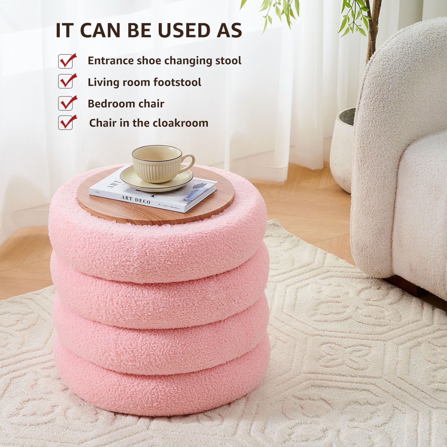 Round Shape Storage Ottoman Stool with Flip Tray, Vanity & Footrest Chair, Pink
