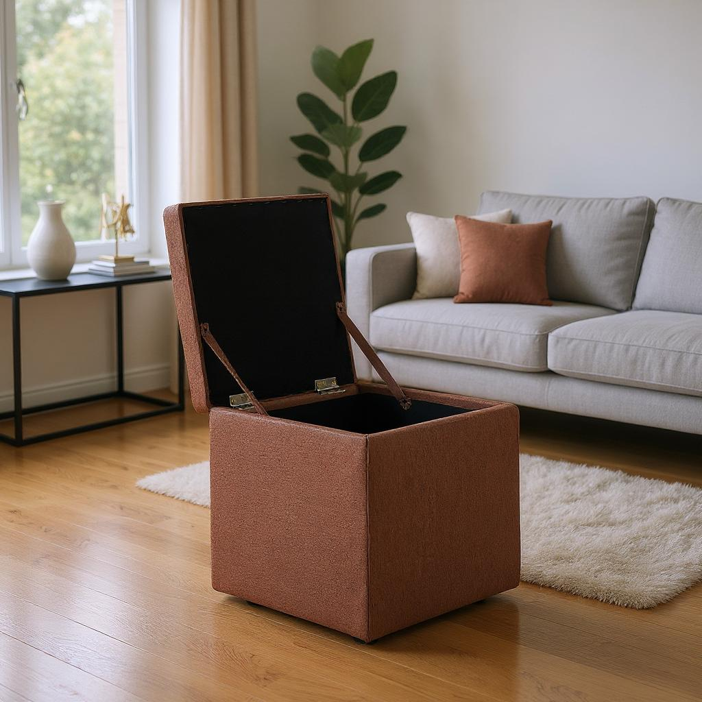 Brown Corduroy Storage Ottoman with Hidden Compartment – 16.5” Cube Seat