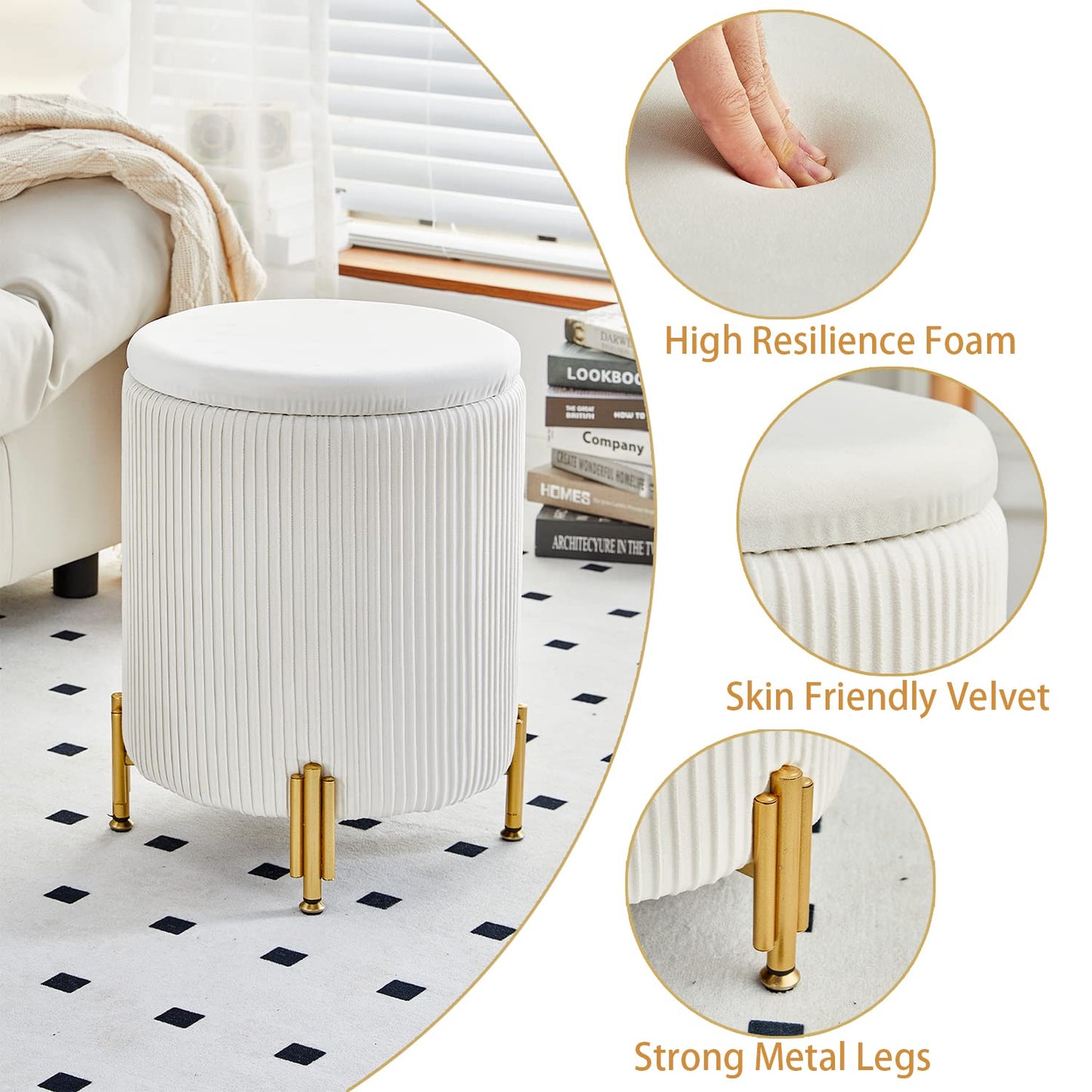 Velvet Round Ottoman Foot Stool with 23Qt Storage, 300lbs Support, Padded Seat