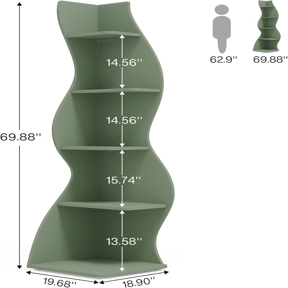 Bookcase Wavy 5-Tier Green Corner Bookshelf – Modern Sculpted Storage Rack