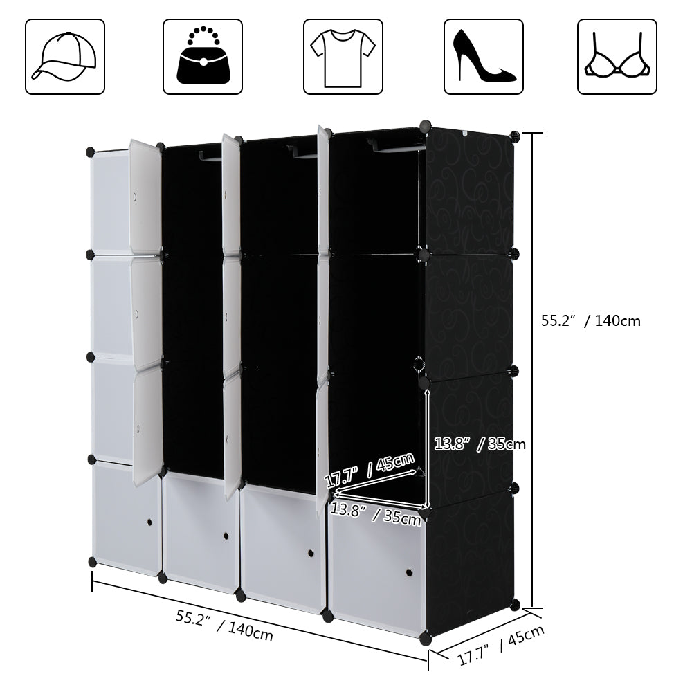 16-Cube Modular Closet Organizer with Hanging Rods, White Doors & Black Panels
