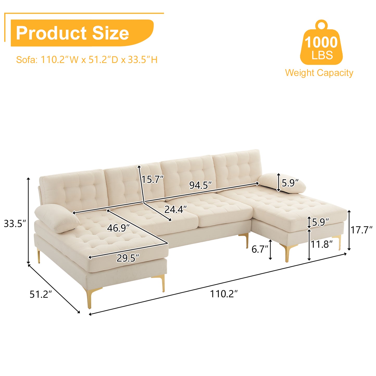U-Shaped Sectional Sofa – Soft Armrest & Backrest, Wooden & Iron Frame with Gold Legs, Beige Upholstery