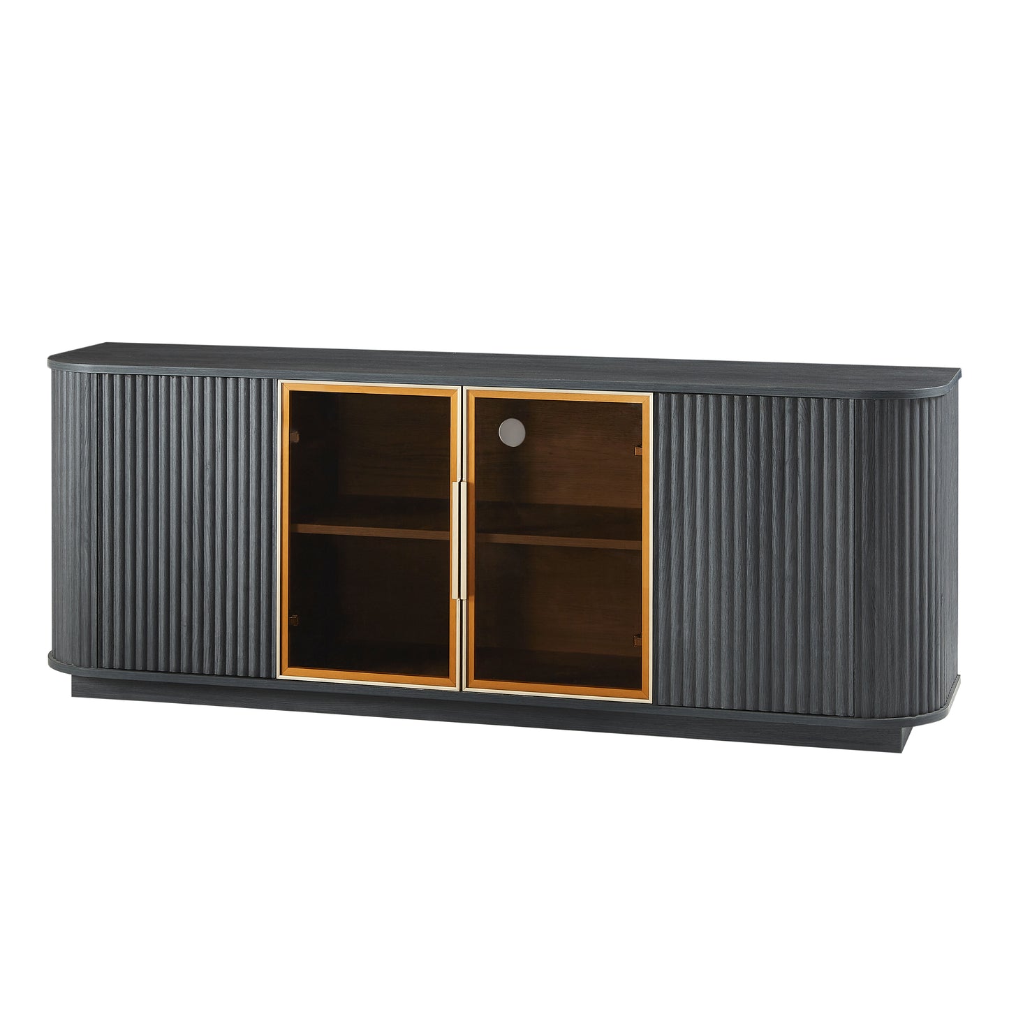 64" Wavy Black TV Cabinet with LED, Glass Doors & Storage for Living Room