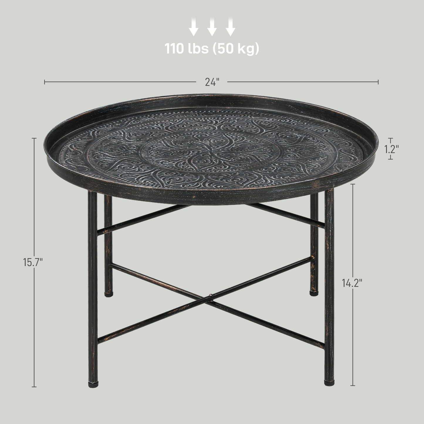 Round Hammered Pewter Metal Coffee Table – 24” Decorative Accent Table