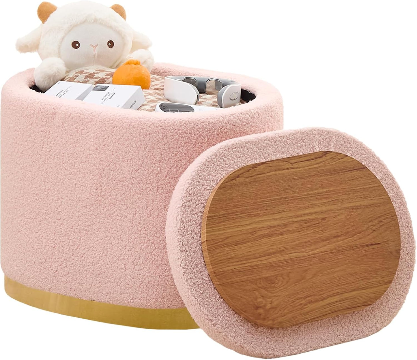 Round Storage Ottoman with Flip-Top Lid – Pink Upholstered Stool