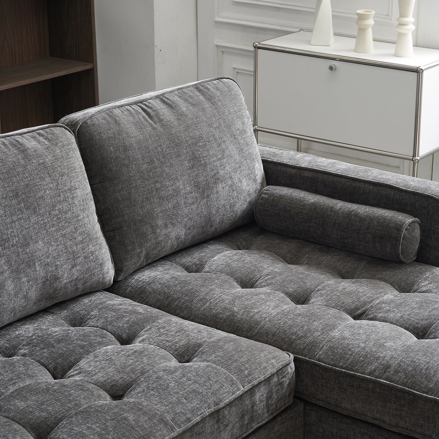 3-Seater Chenille Modular Sofa with Footstool, Gold Legs – Dark Gray