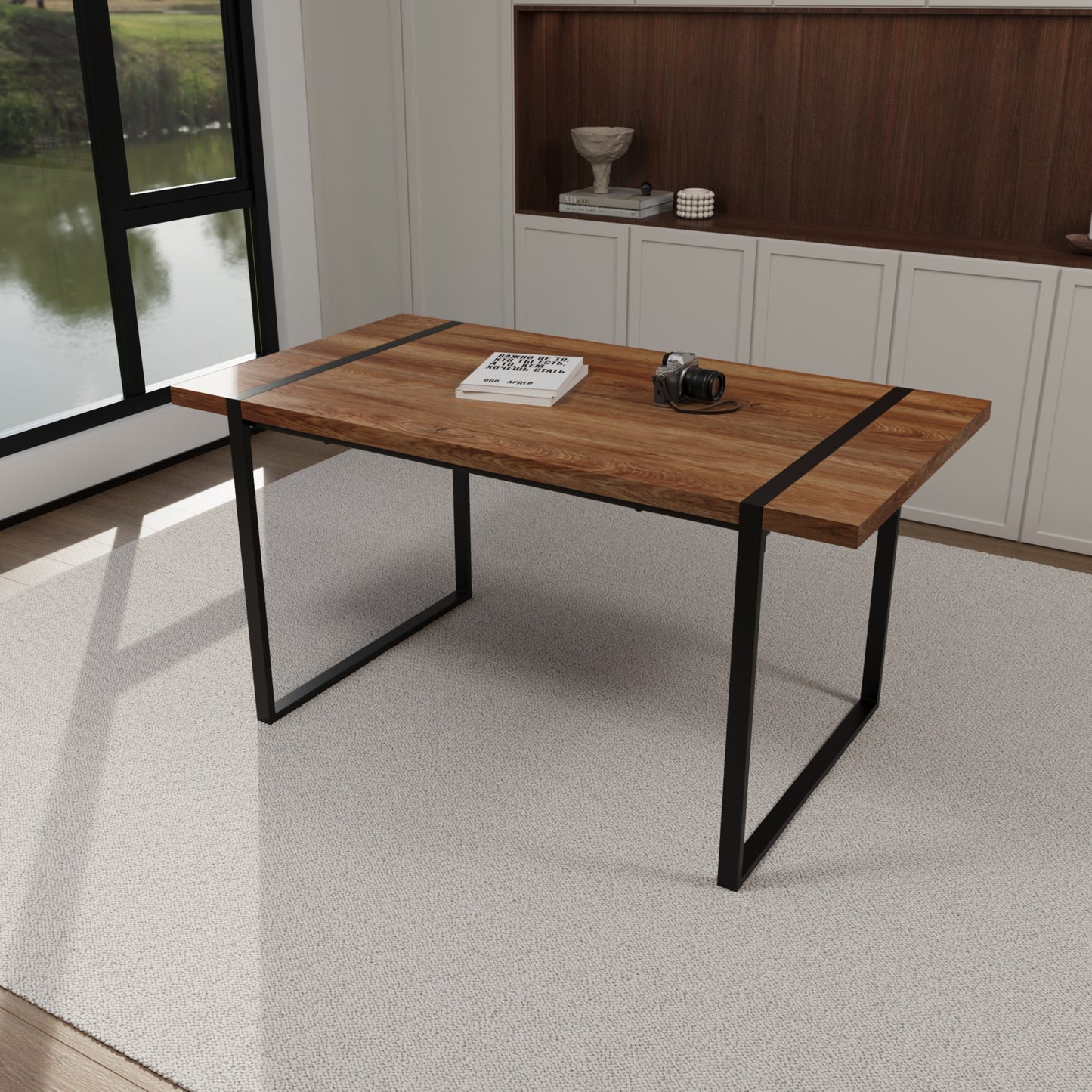 59" Wood Dining Table Set w/ 4 Suede Chairs | Industrial Metal Frame Design