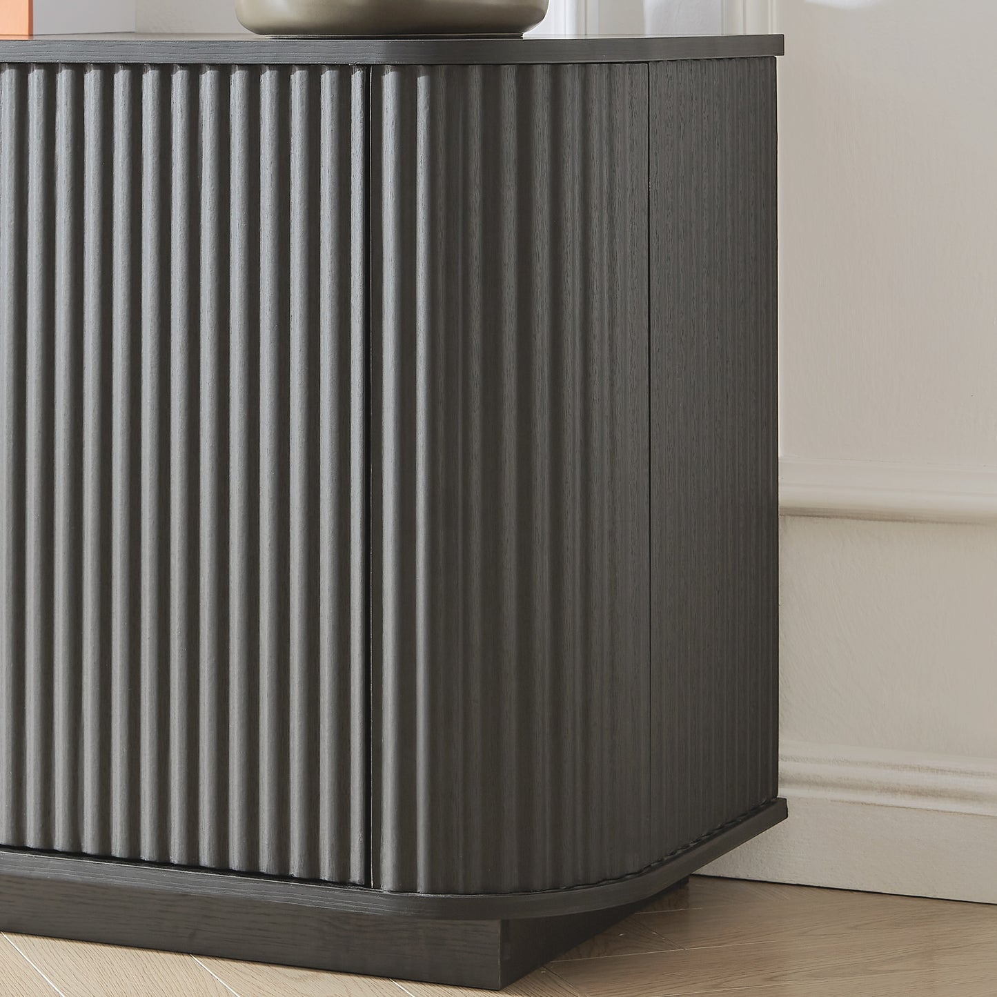 64" Wavy Black TV Cabinet with LED, Glass Doors & Storage for Living Room