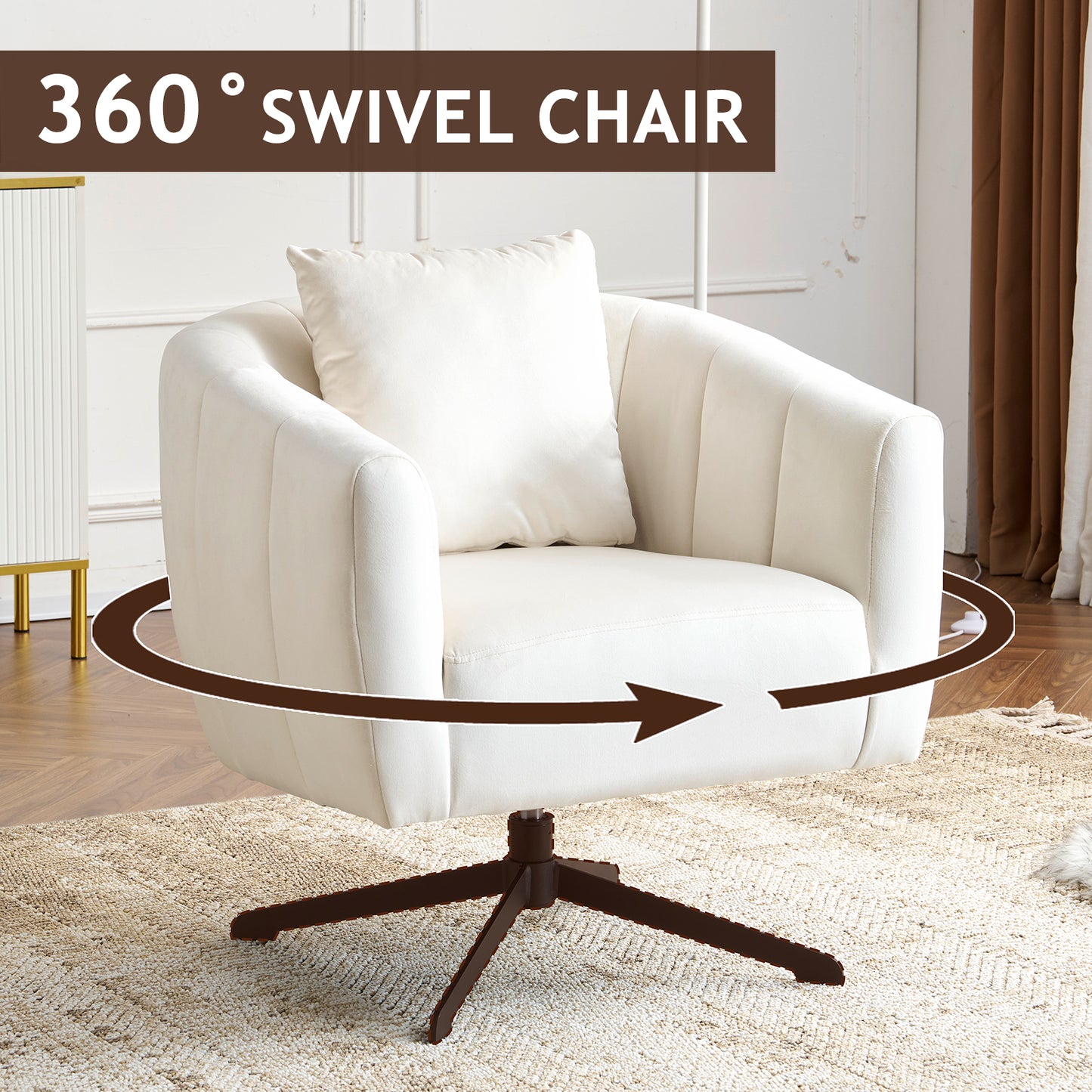 360° Swivel Velvet Accent Chair with Fluffy Cushion – Off White