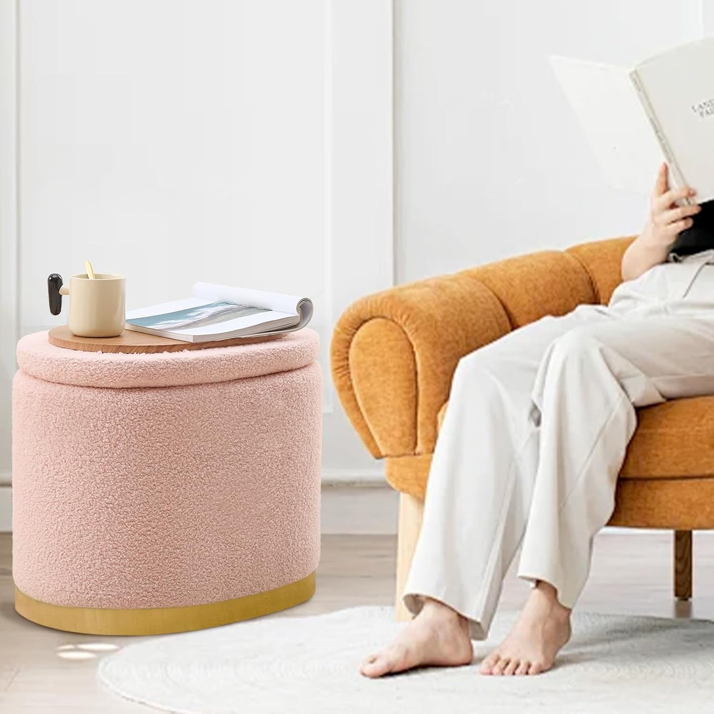 Round Storage Ottoman with Flip-Top Lid – Pink Upholstered Stool