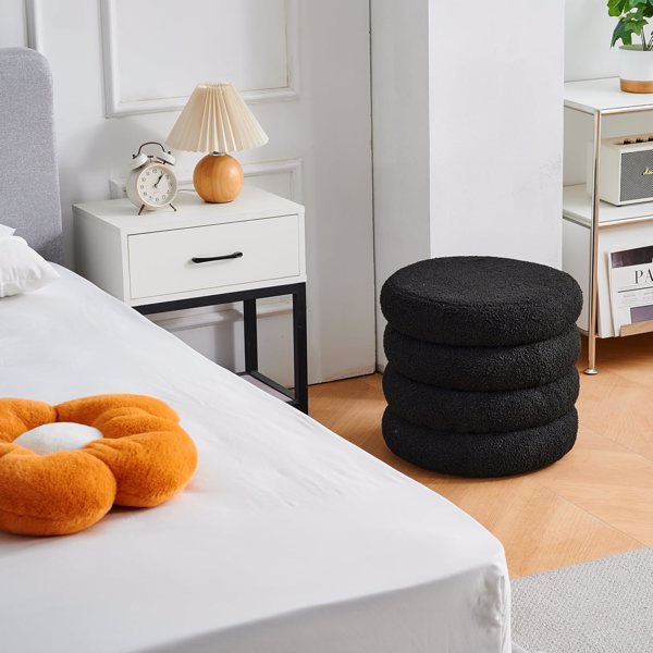 Round Shape Storage Ottoman Stool with Flip Tray, Vanity & Footrest Chair, Black