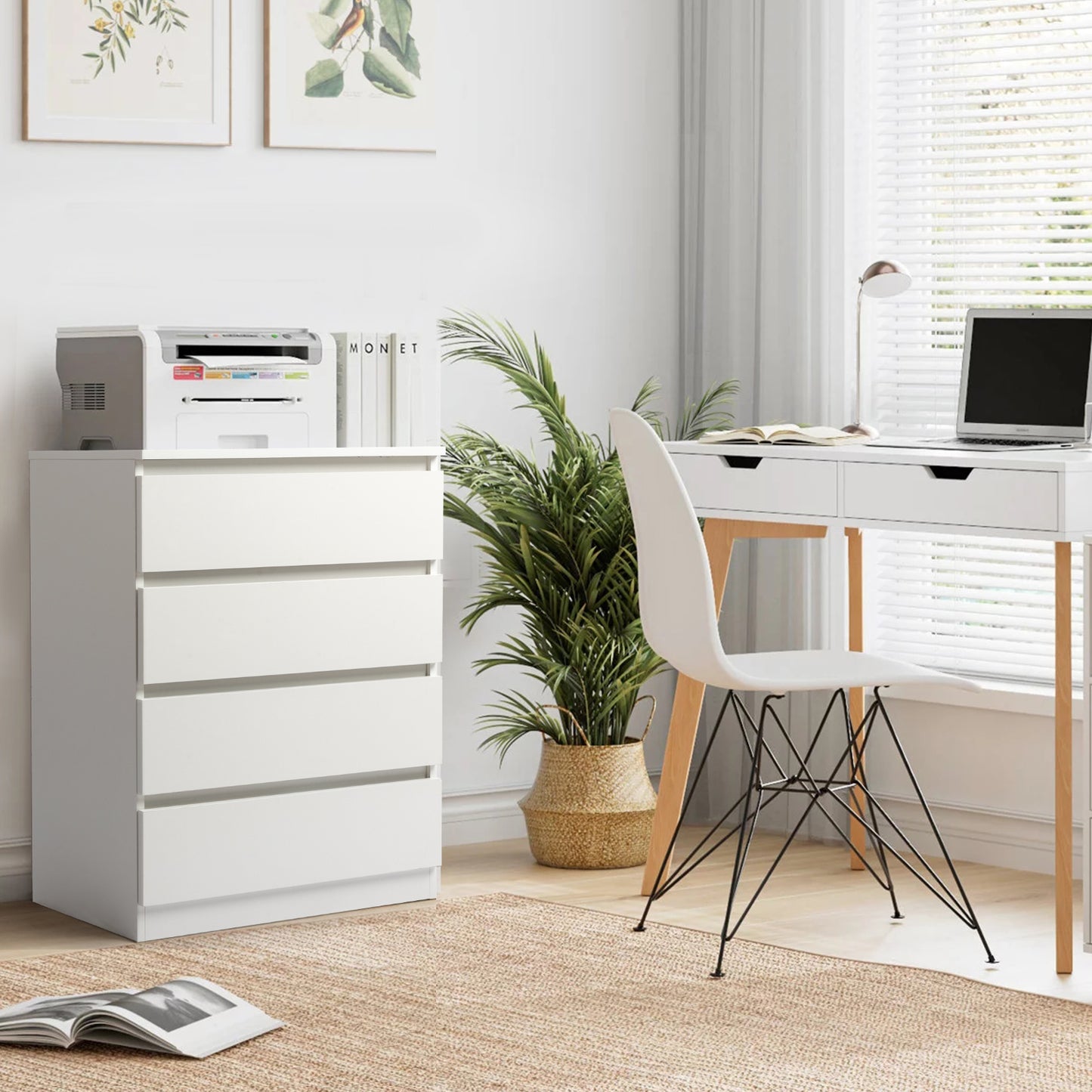 White Wood 4-Drawer Dresser – Compact Storage Cabinet for Bedroom or Living Room