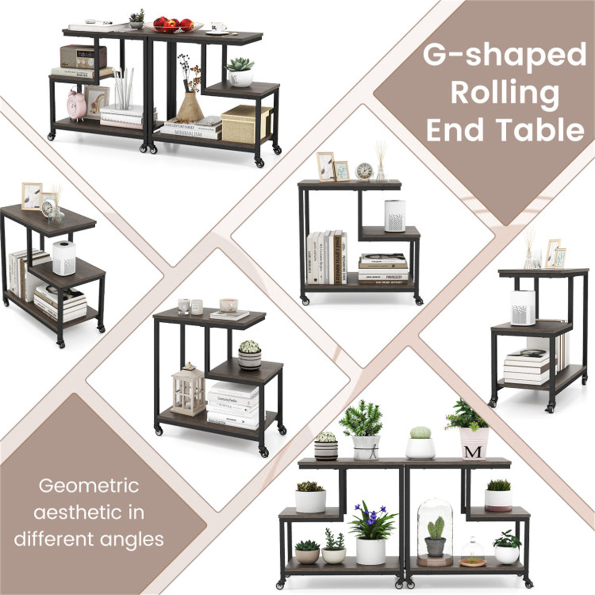 G-Shaped 3-Tier Gray End Table with Wheels – Mobile Storage Side Table