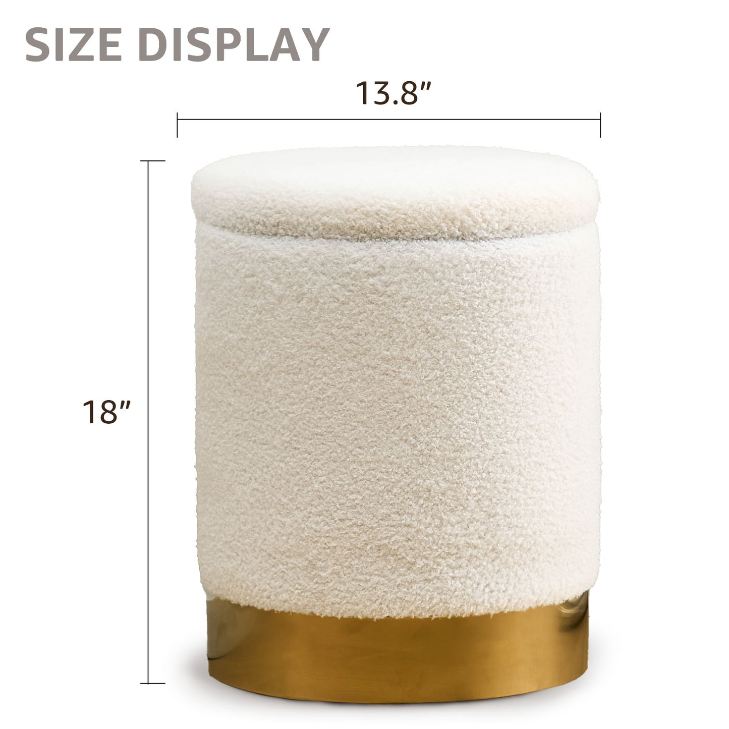 Teddy Velvet Round Ottoman Stool with Storage, Padded Seat, Metal Base, White
