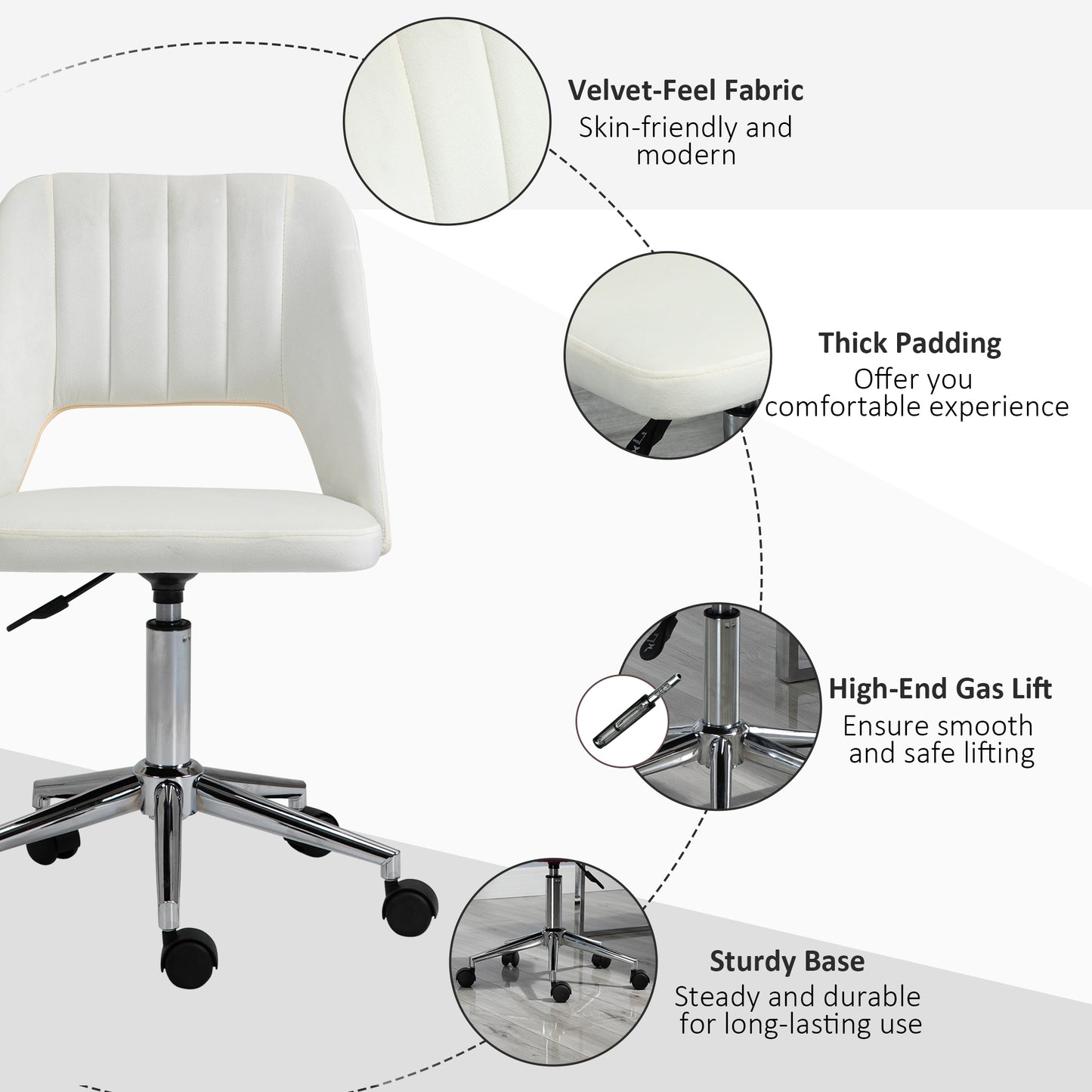 Modern White Velvet Office Chair – Adjustable Height, Swivel Base & Scallop Backrest