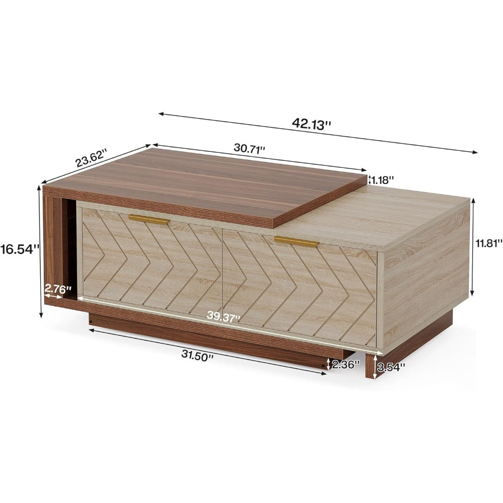 Walnut & Oak Expandable Coffee Table – V-Groove Drawers + Brass Pulls