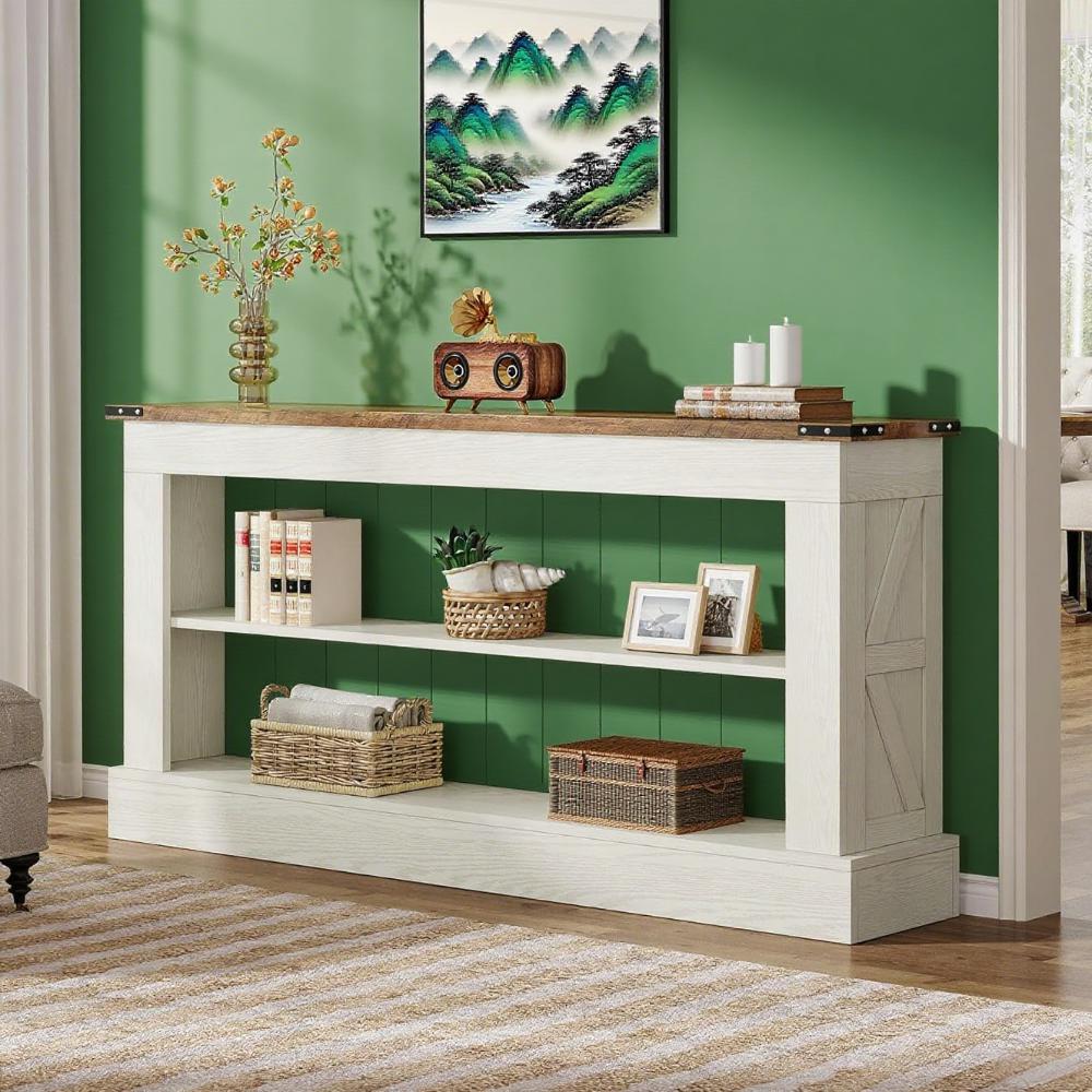 Modern Farmhouse Console Table with 2-Tier Shelves – White & Natural Wood