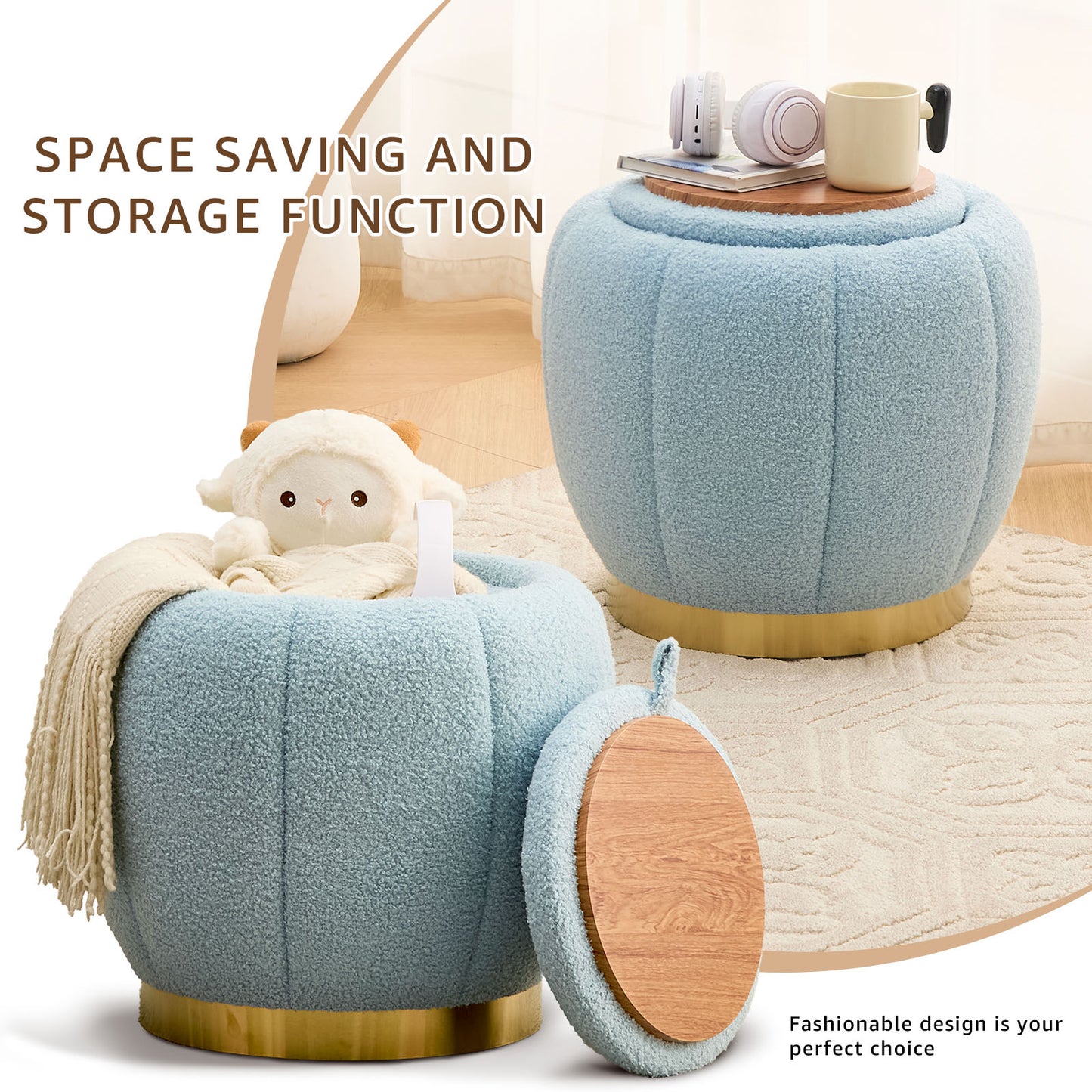 Modern Round Storage Ottoman Footrest with Soft Seat, Velvet Stool Accent, Blue