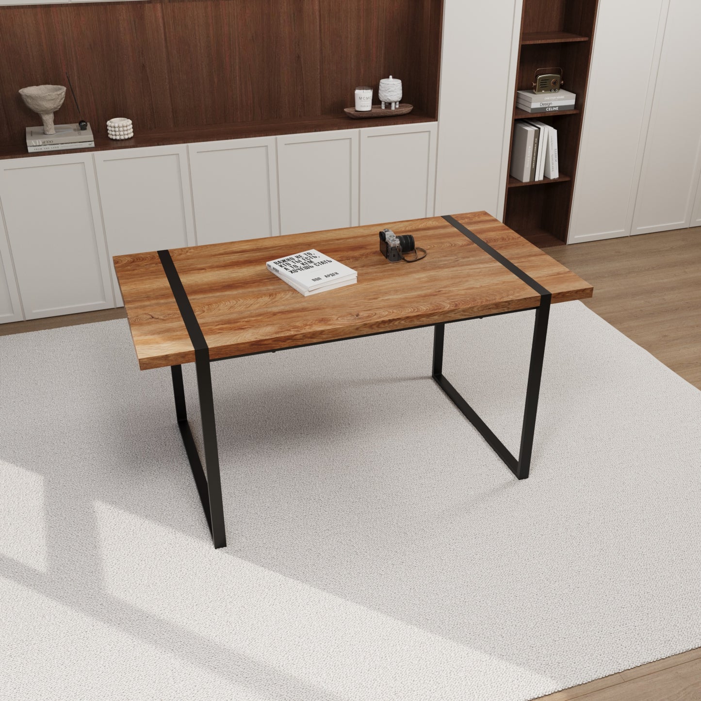 59" Wood Dining Table Set w/ 4 Suede Chairs | Industrial Metal Frame Design