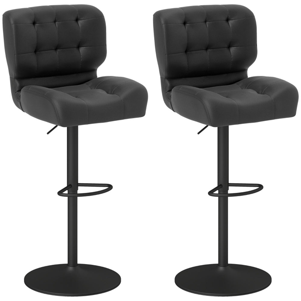 Set of 2 Adjustable Black Bar Stools with Swivel Seats & Tufted Backrest