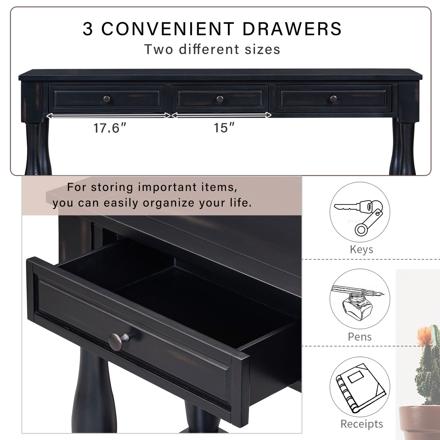 63" Black Console Table with Drawers & Shelf for Entryway, Hallway, Living Room
