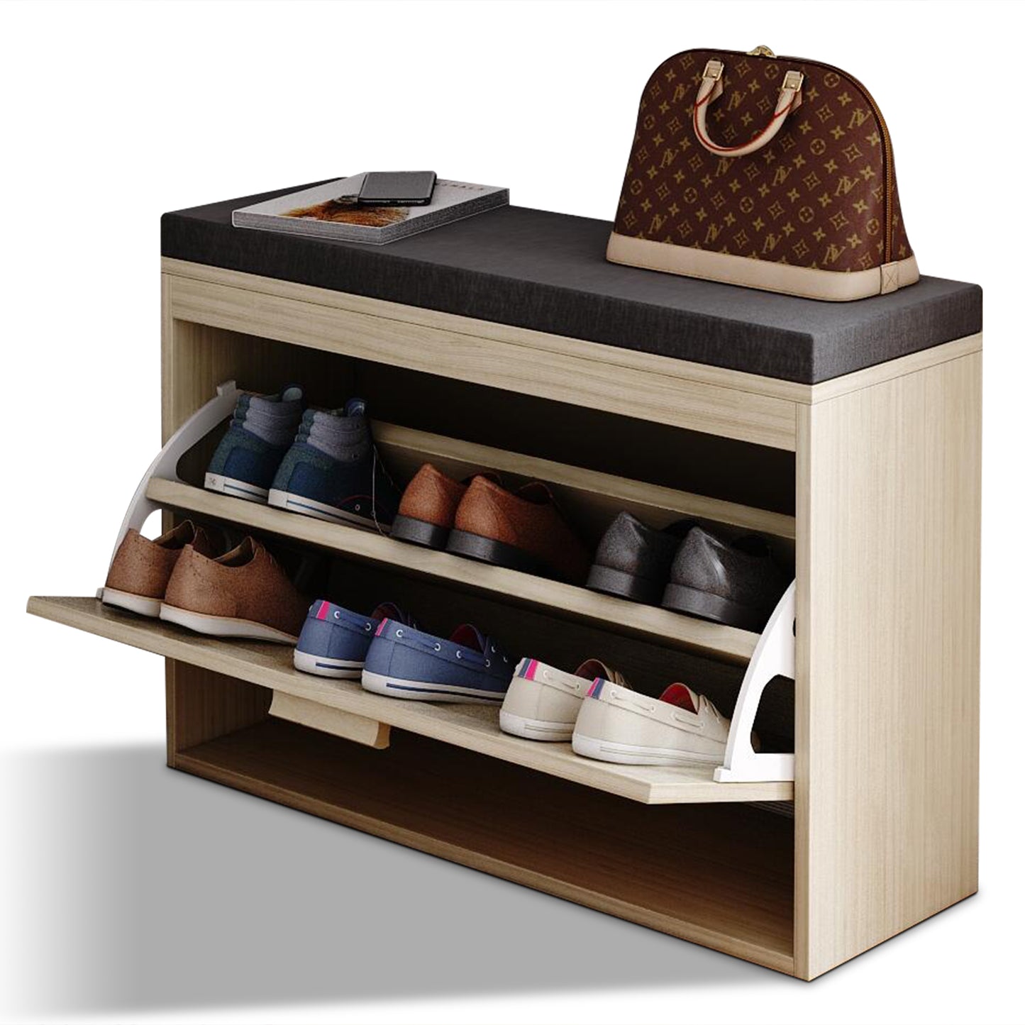 Rattan Shoe Cabinet Bench with Flip Drawer & Cushion for Hallway Storage