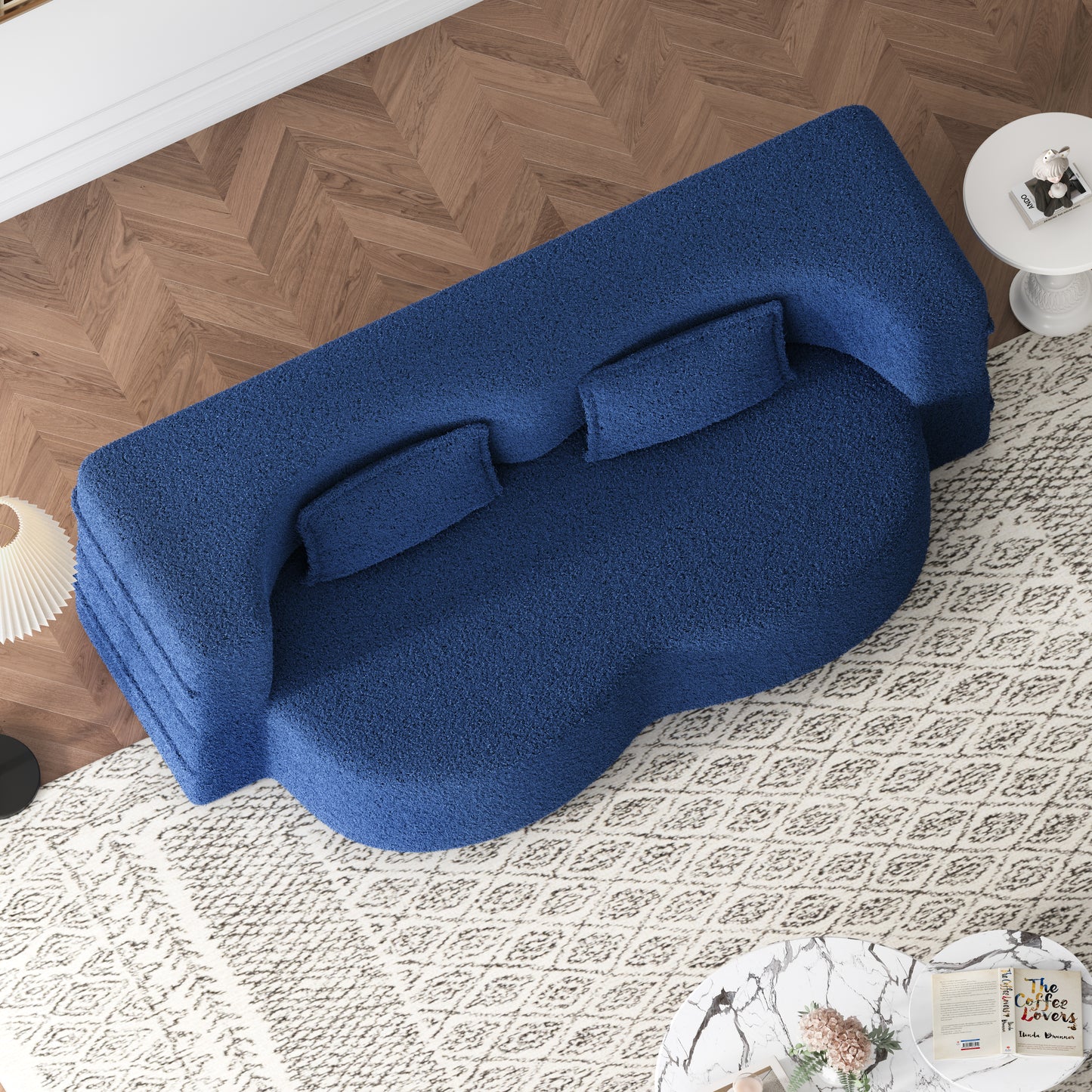 Blue Teddy Fabric Convertible Floor Sofa Bed with 2 Pillows, Full Size 78"