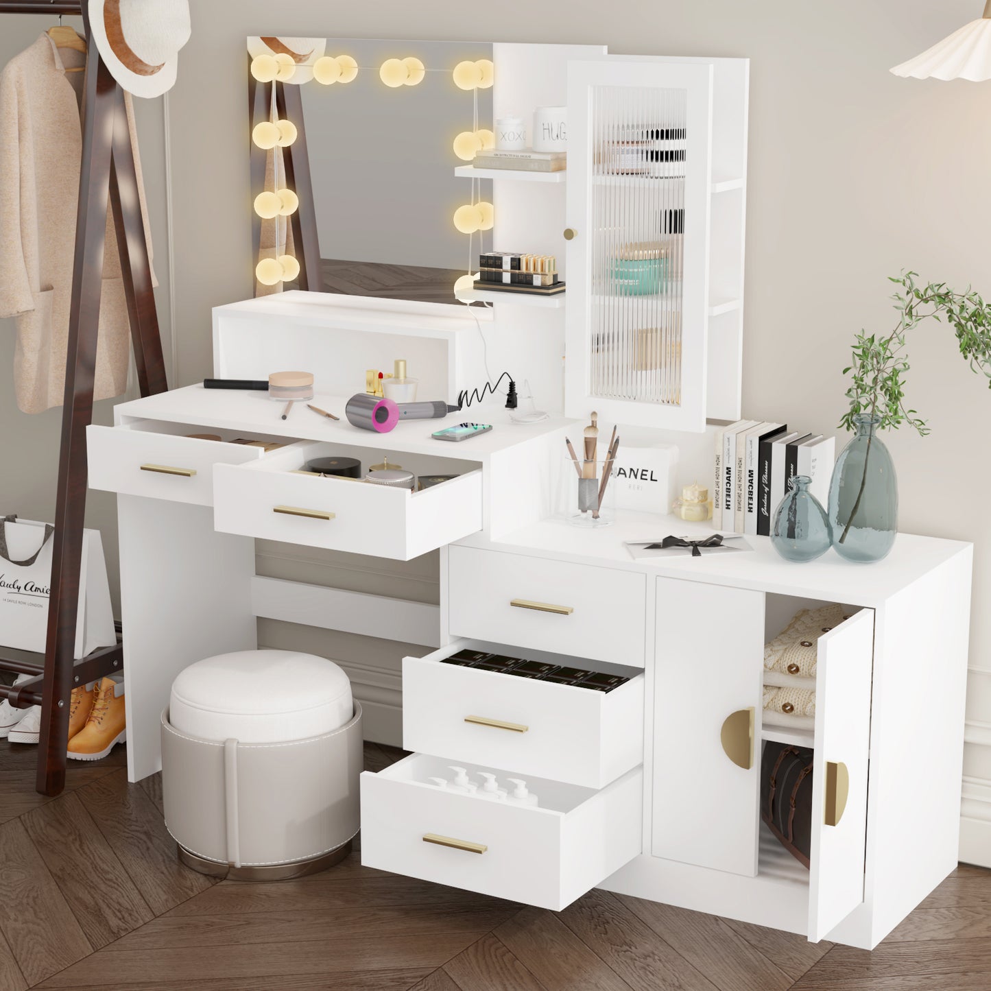 Large Vanity Table with Mirror, LED Lights, Drawers & Charging Station, White