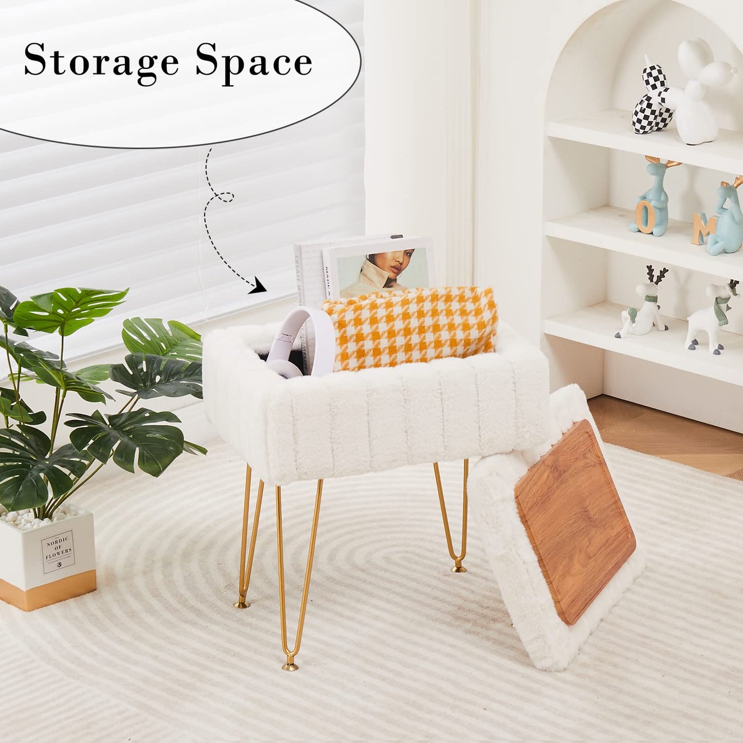Faux Fur Ottoman with Storage – Vanity Stool & Footrest for Bedroom, Cream