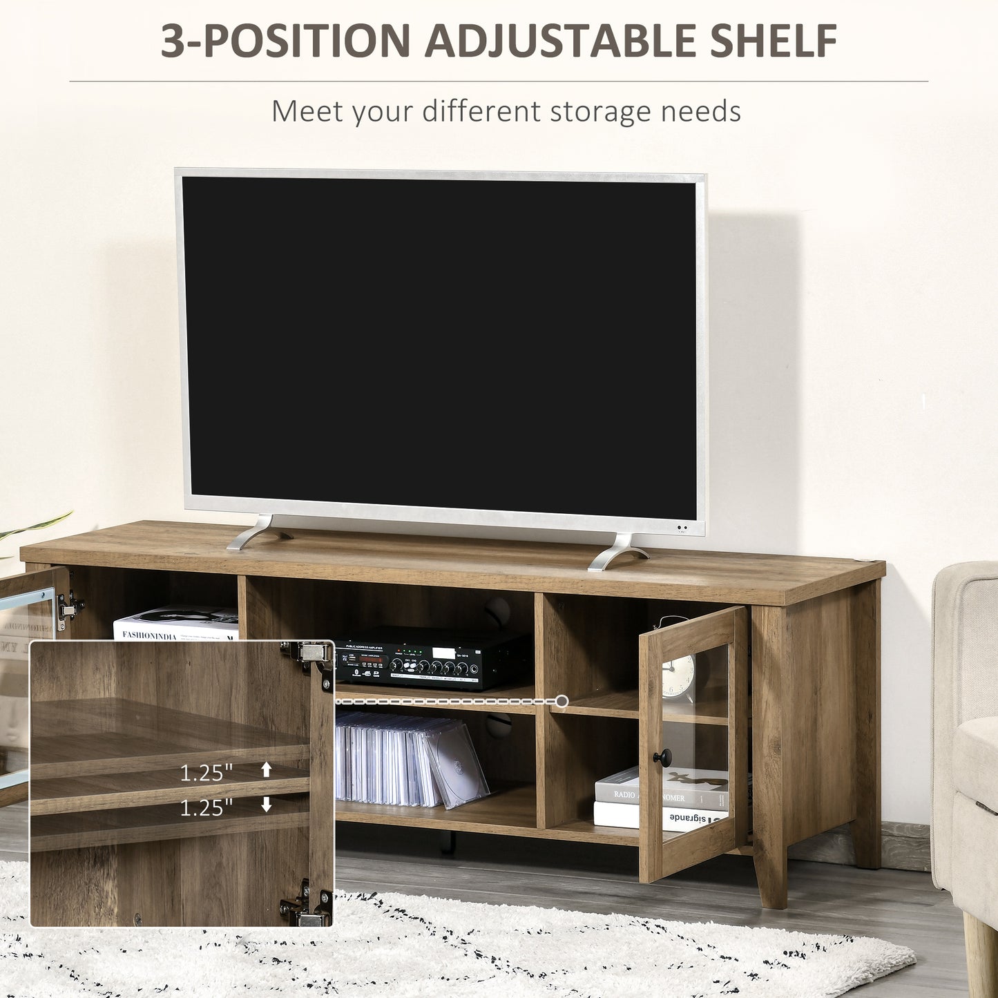 55" Brown LED TV Stand with Adjustable Shelves & Cable Management – Modern Cabinet