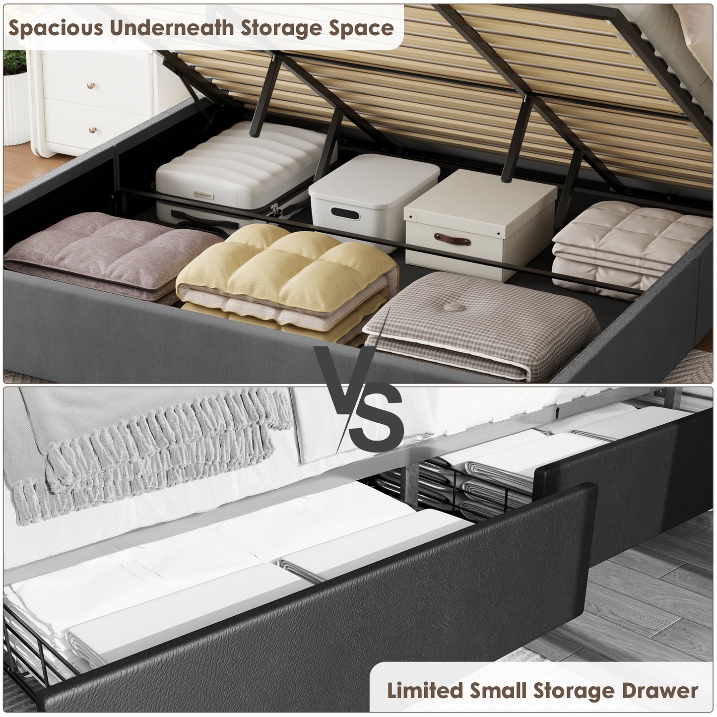 Lift-Up Storage Queen Bed – Velvet Upholstered Platform Bed Frame, Grey