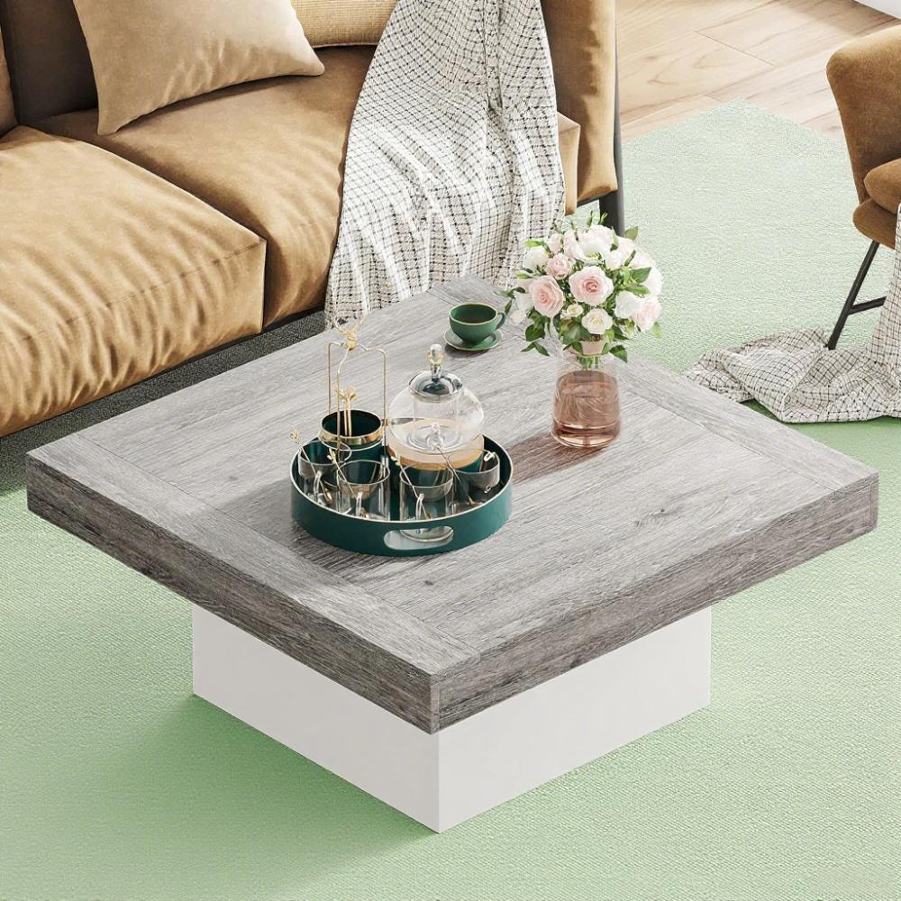 Rustic LED Coffee Table – 35" Square Farmhouse Style with Storage & Lights