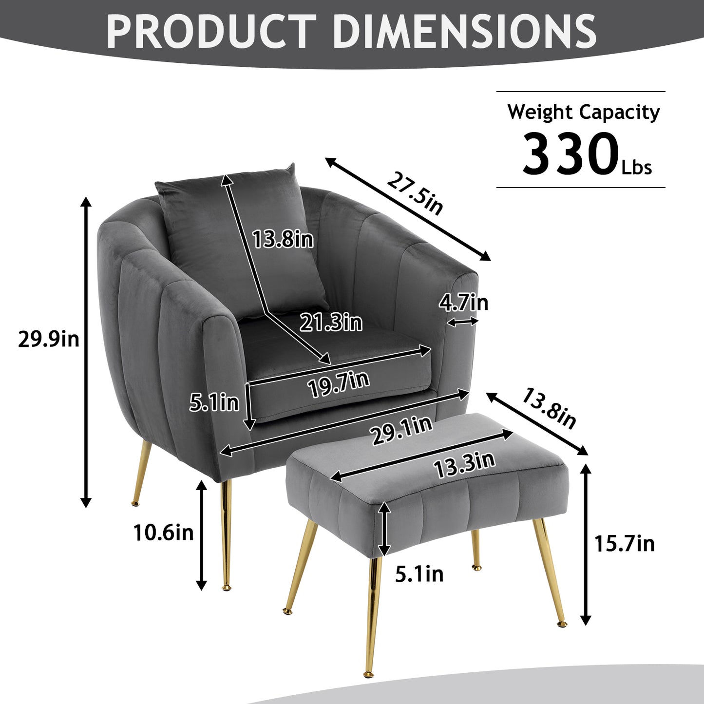 Velvet Barrel Chair with Ottoman & Lumbar Pillow – Gray Accent Set