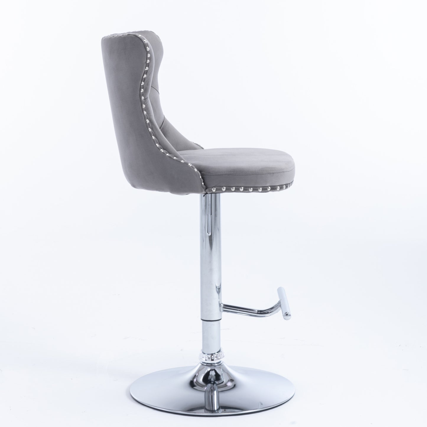 Set of 2 Gray Velvet Swivel Barstools, Adjustable Height 25–33", with Backs