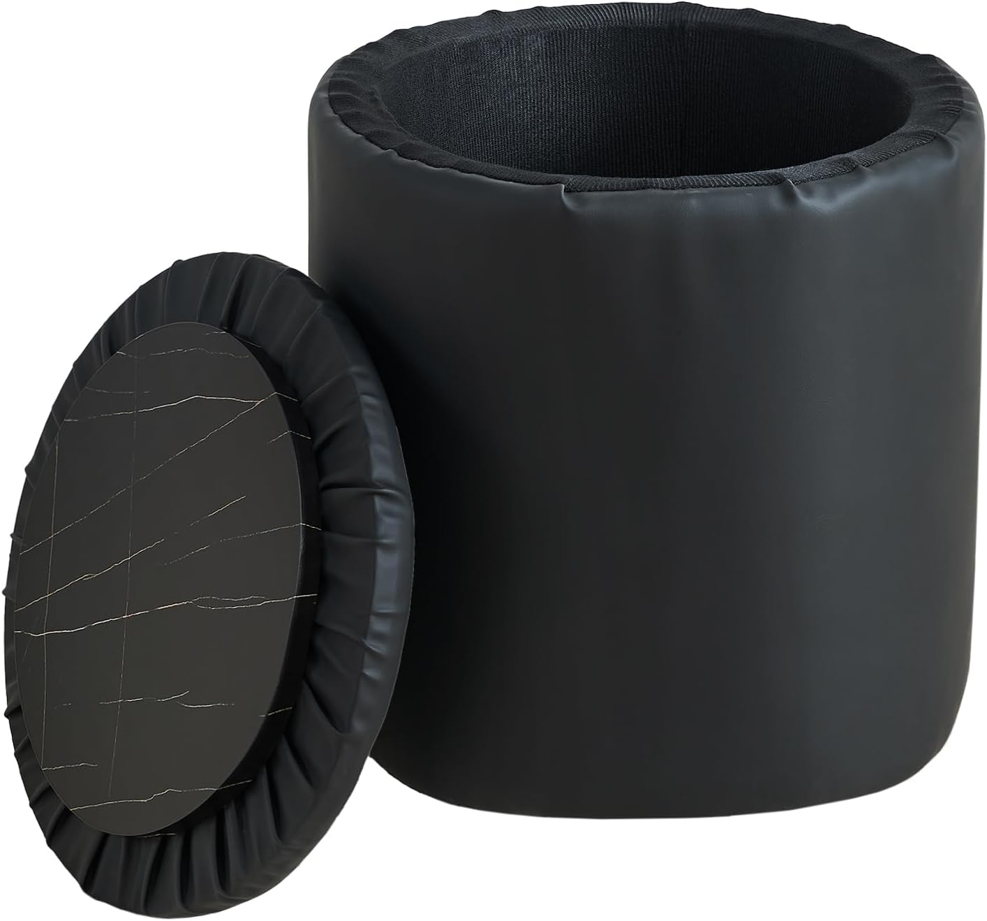 Black Faux Leather Round Storage Ottoman with Removable Lid