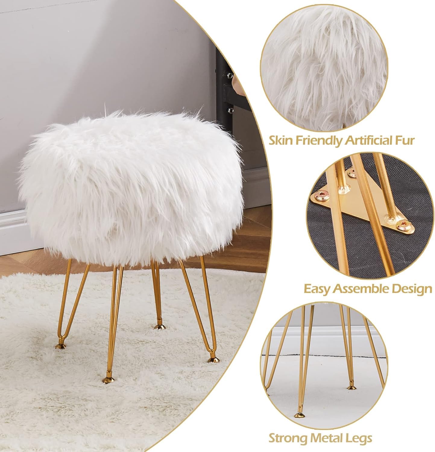 Faux Fur Ottoman Stool with Marble Tray, Footrest & Storage, White Vanity Seat