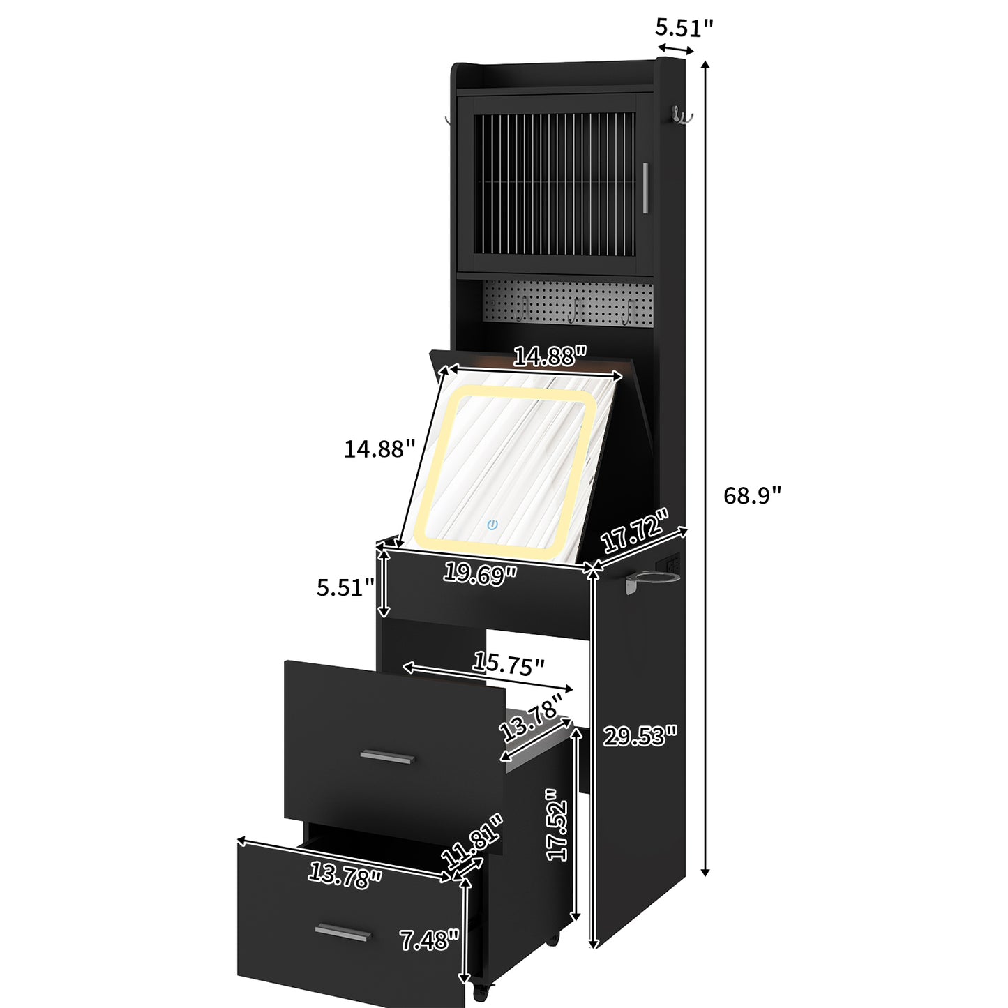 Compact Vanity Desk with Mirror, LED Lights, Charging Station & Stool, Black