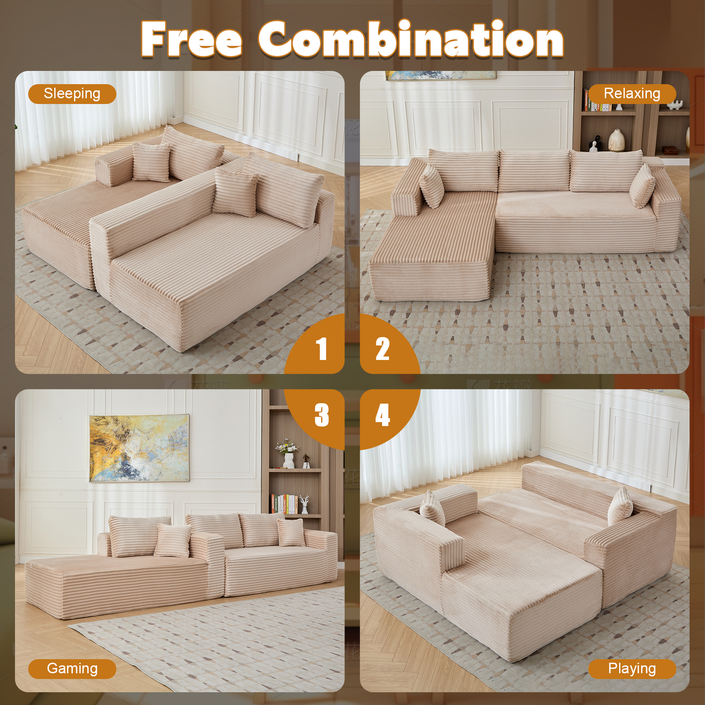 Modular L-Shaped Corduroy Sectional Sofa with Chaise – Beige