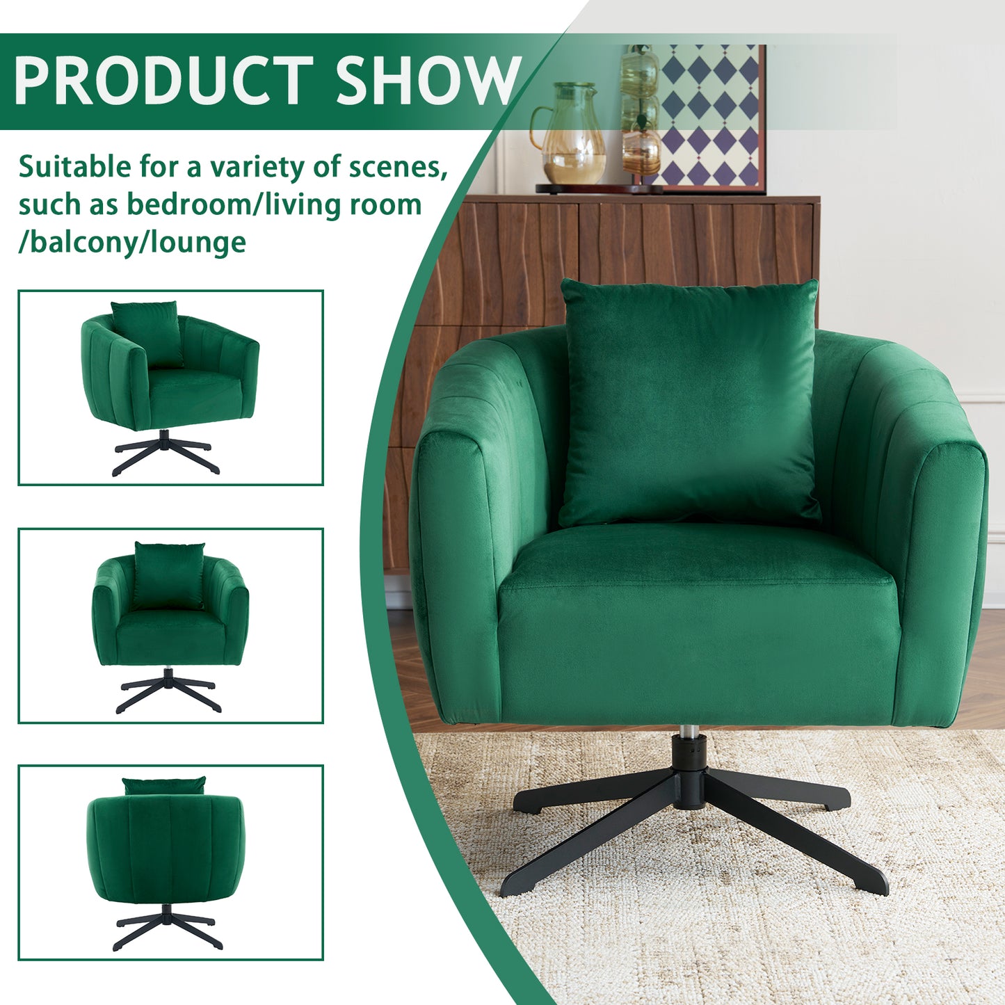 360° Swivel Velvet Accent Chair with Fluffy Cushion – Green