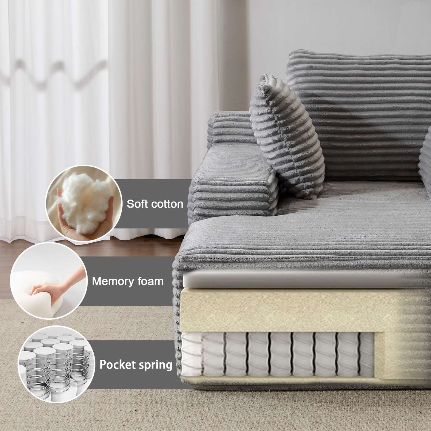 Oversized Chaise Lounge Chair – Plush Corduroy Cloud Couch with 3 Pillows, Grey
