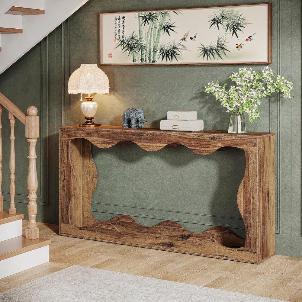 63" Farmhouse Wavy Scalloped Console Table – 2-Tier Entryway & Sofa Table