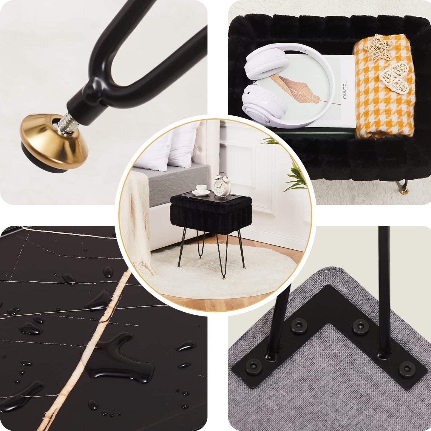 Faux Fur Ottoman with Storage – Vanity Stool & Footrest for Bedroom, Black