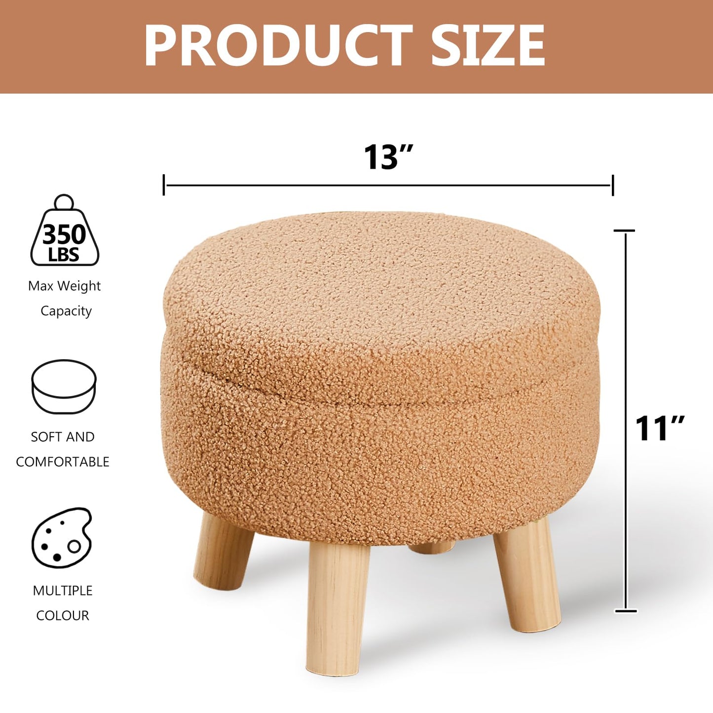 Round Storage Ottoman, Teddy Velvet Footrest with Wood Legs for Living Room, Brown