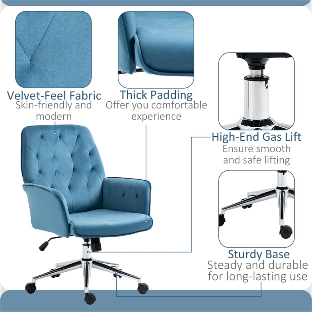 Blue Velvet Office Chair – Adjustable Height with Rocking Back & Armrests
