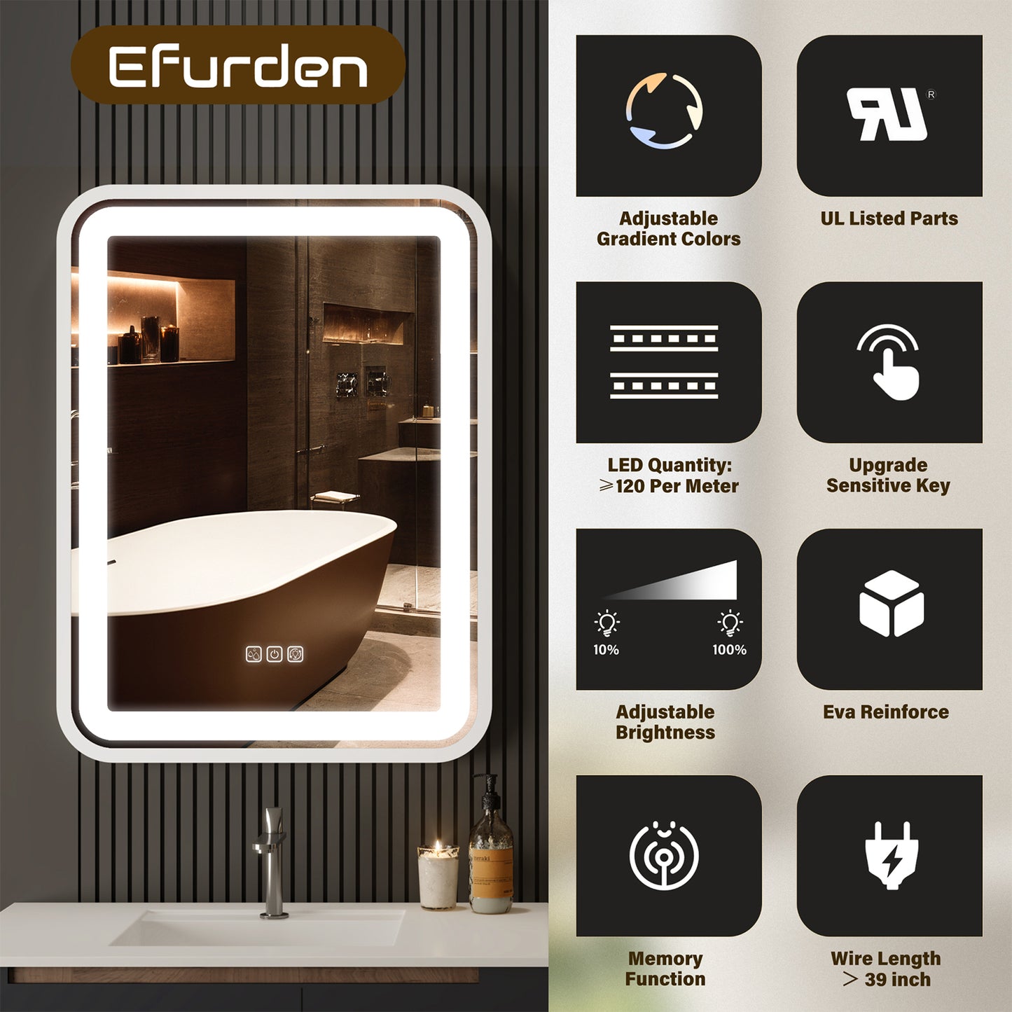 36x28" LED Bathroom Vanity Mirror, Dimmable, Anti-Fog, Wall Mount
