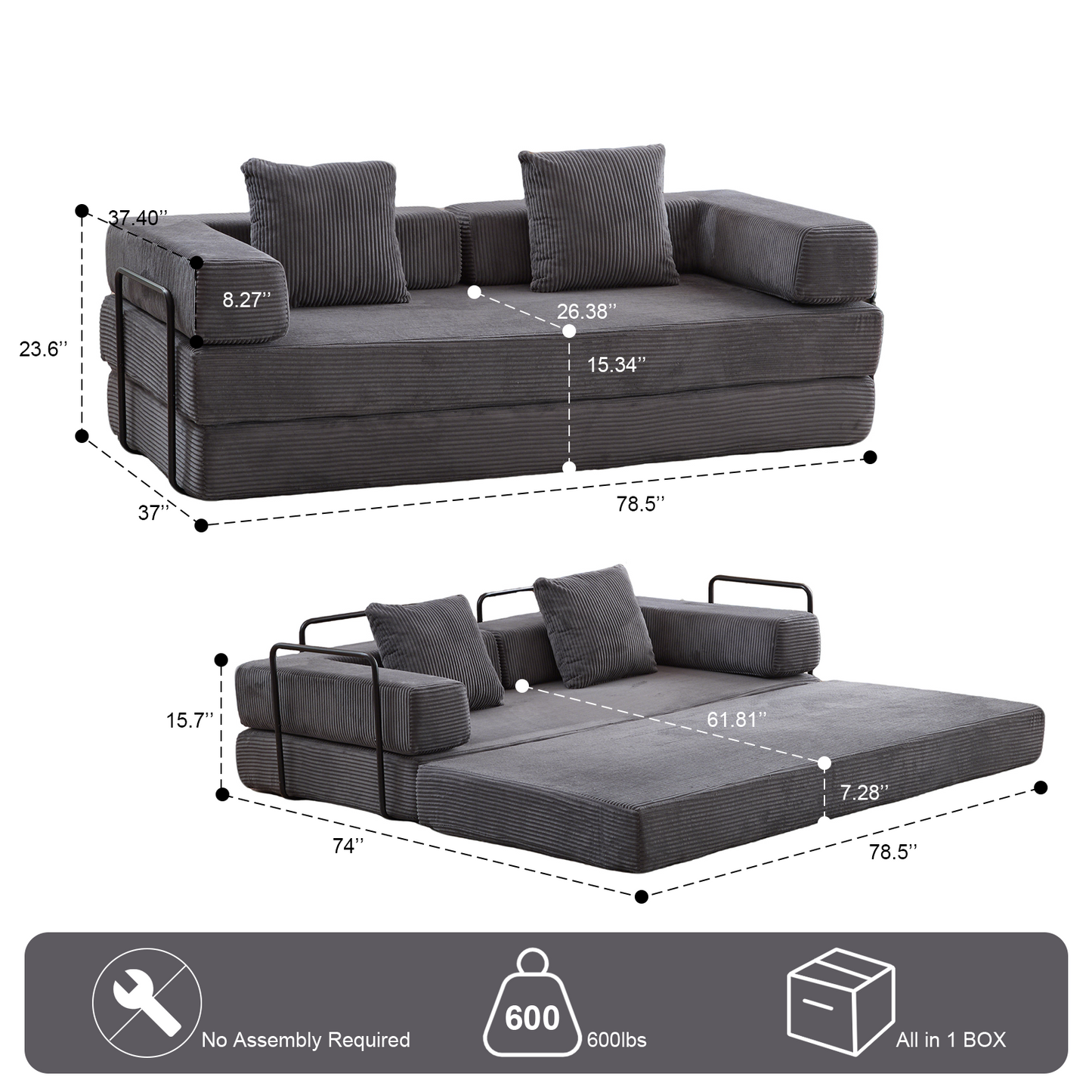 Convertible Corduroy Futon Sofa Bed – Foldable Floor Couch with Sponge Padding