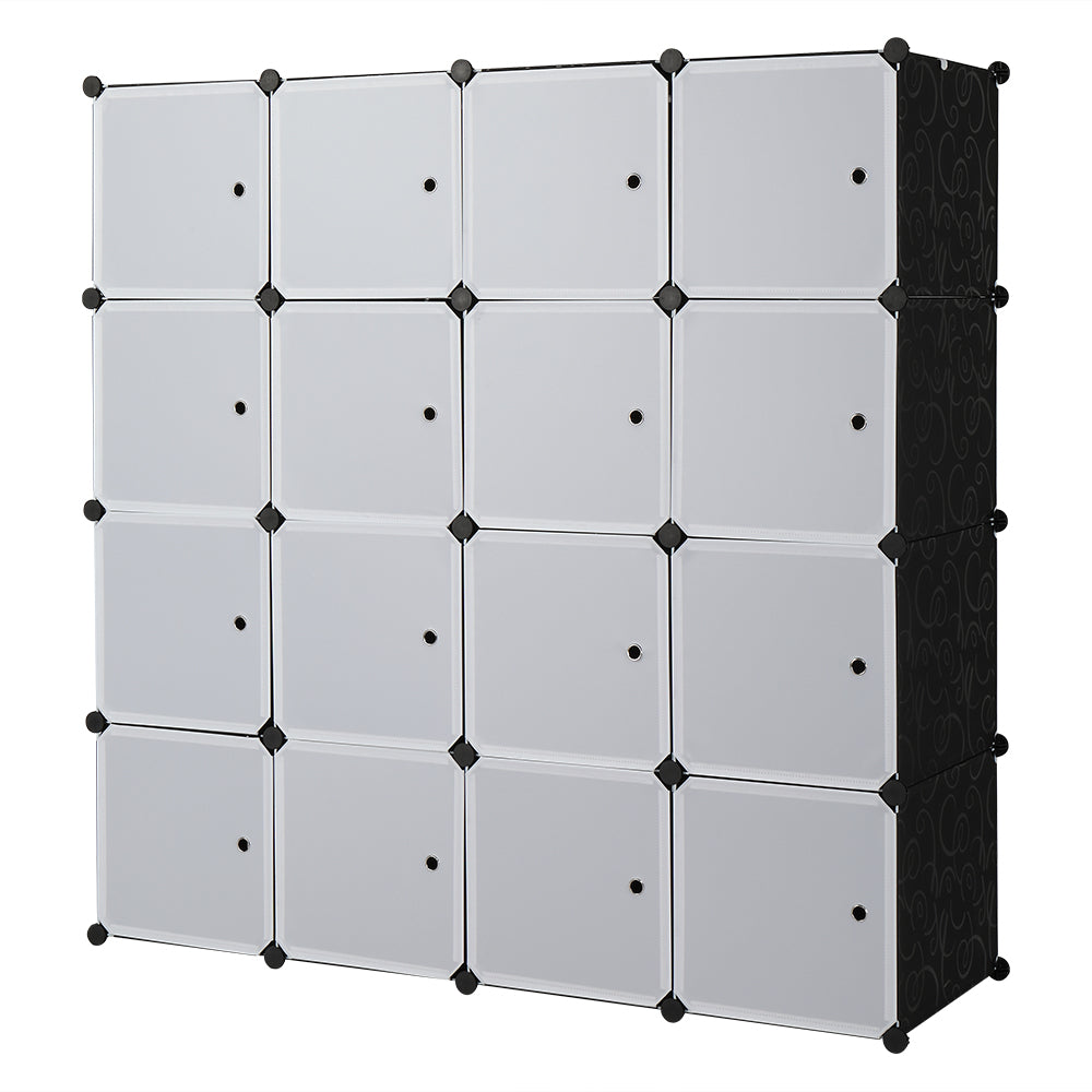 16-Cube Modular Closet Organizer with Hanging Rods, White Doors & Black Panels