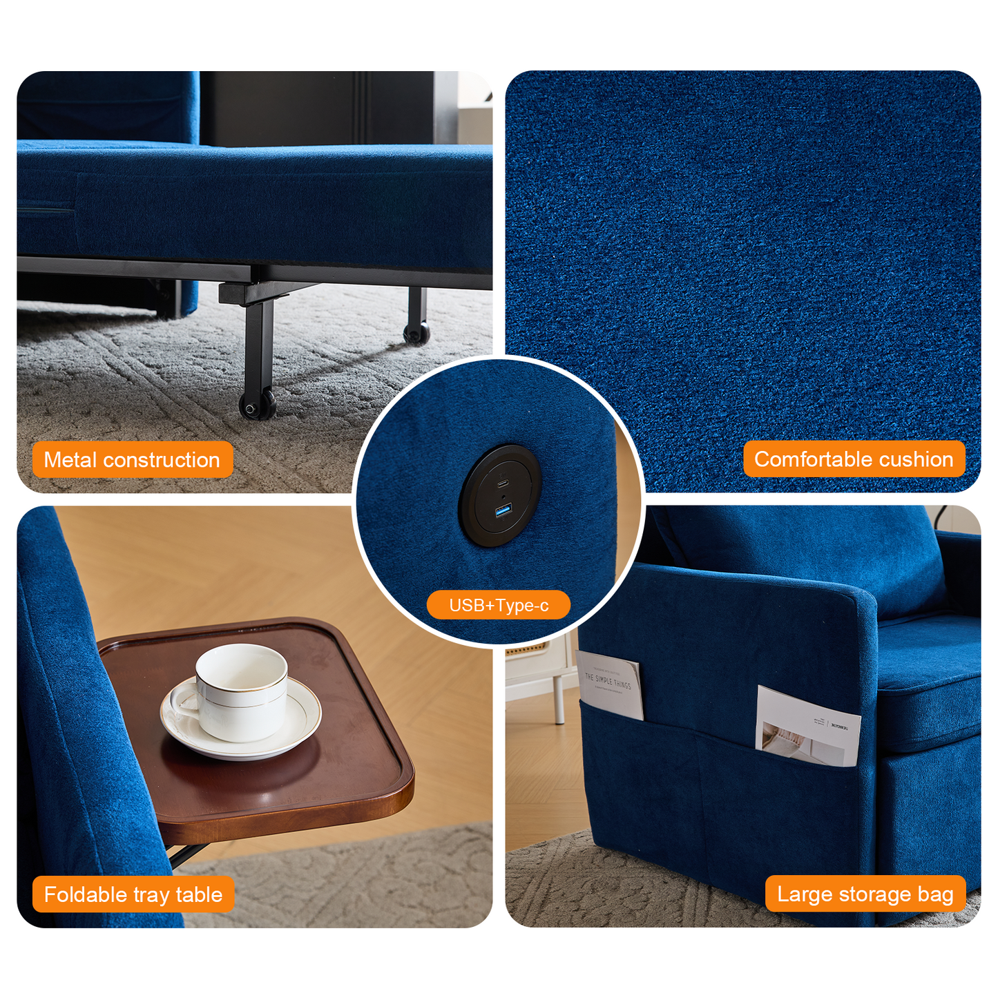 3-in-1 Sleeper Chair Bed with USB Tray, Blue Fabric Convertible Sofa