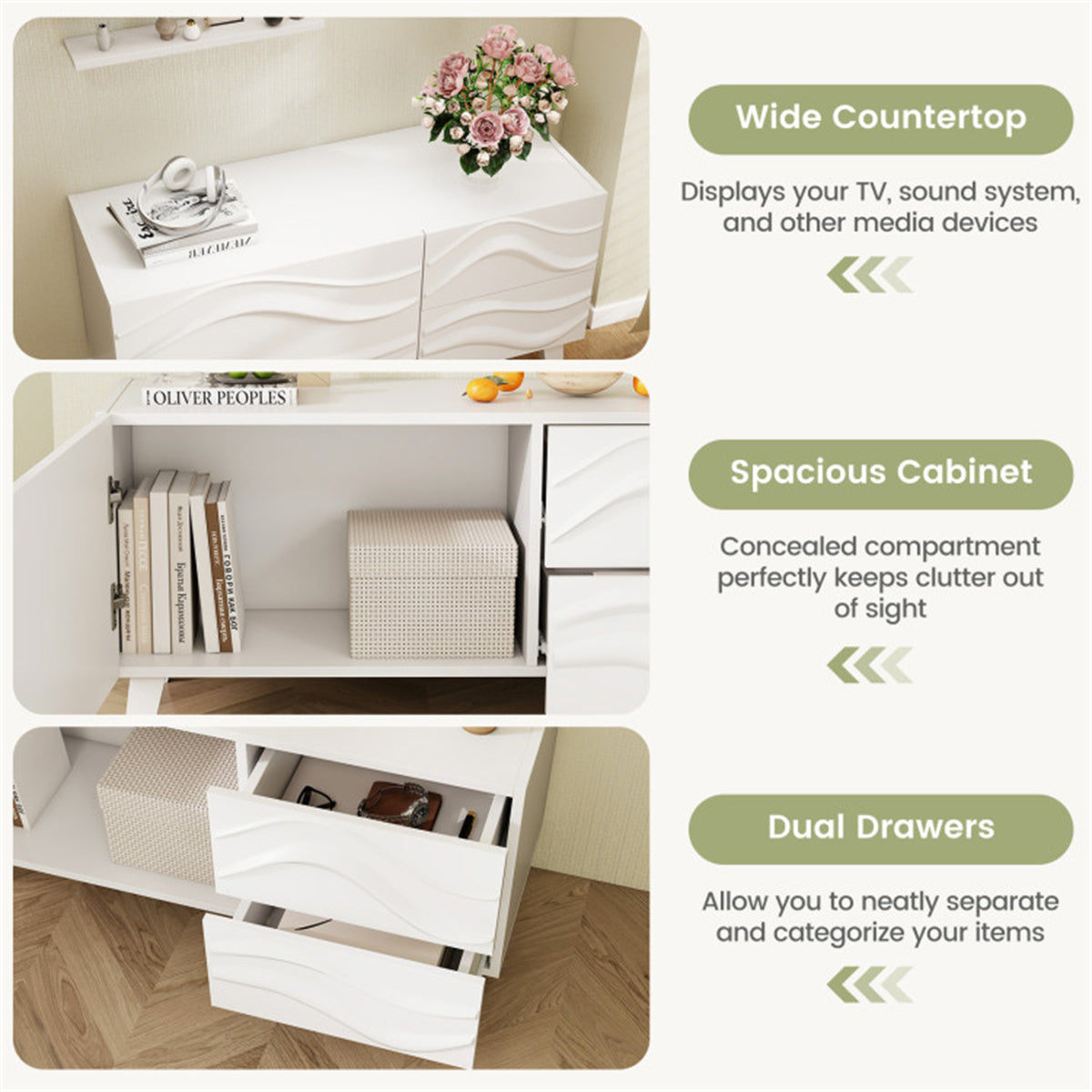 38" White TV Cabinet with Drawers – Stylish Media Console & Storage Stand