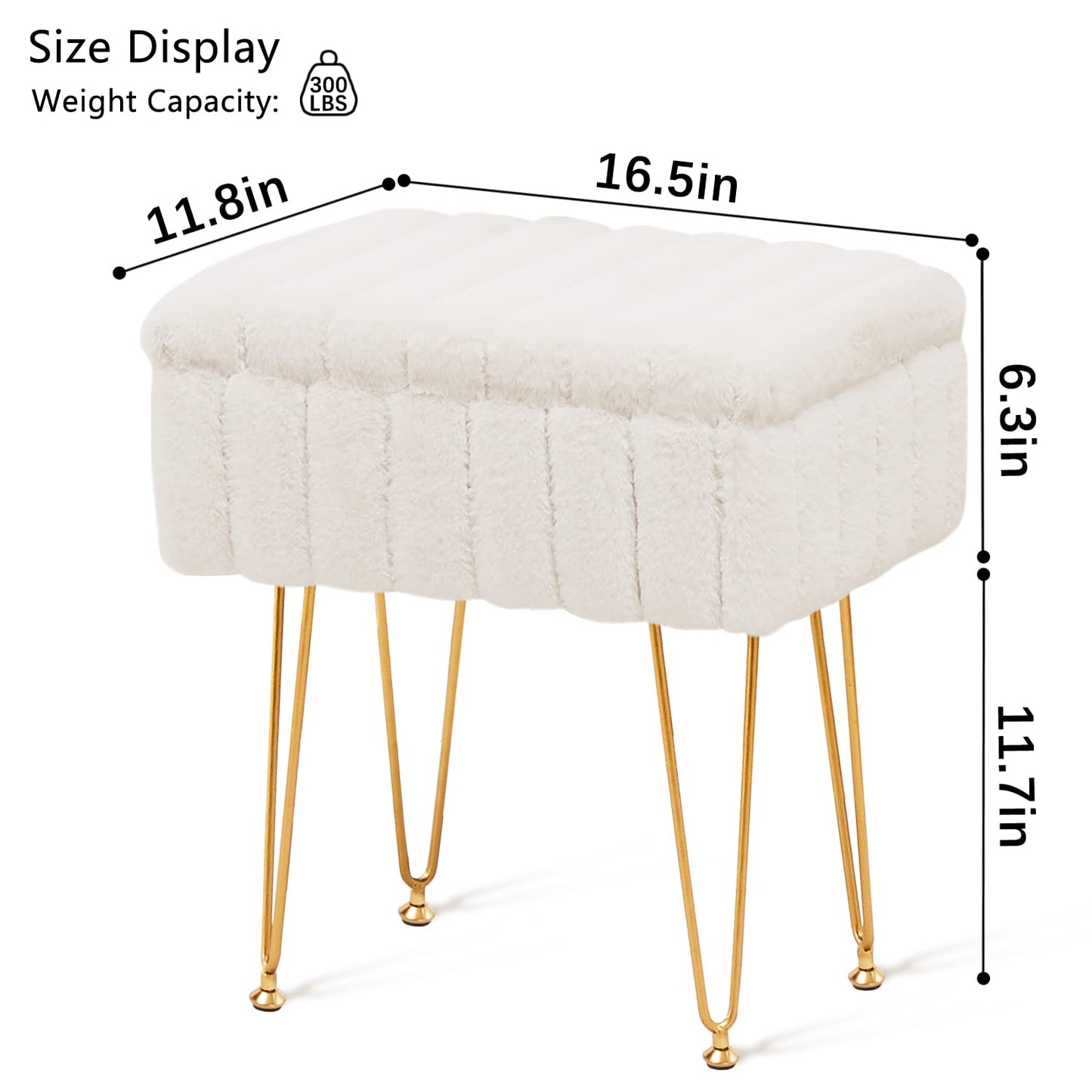 Faux Fur Ottoman with Storage – Vanity Stool & Footrest for Bedroom, Cream